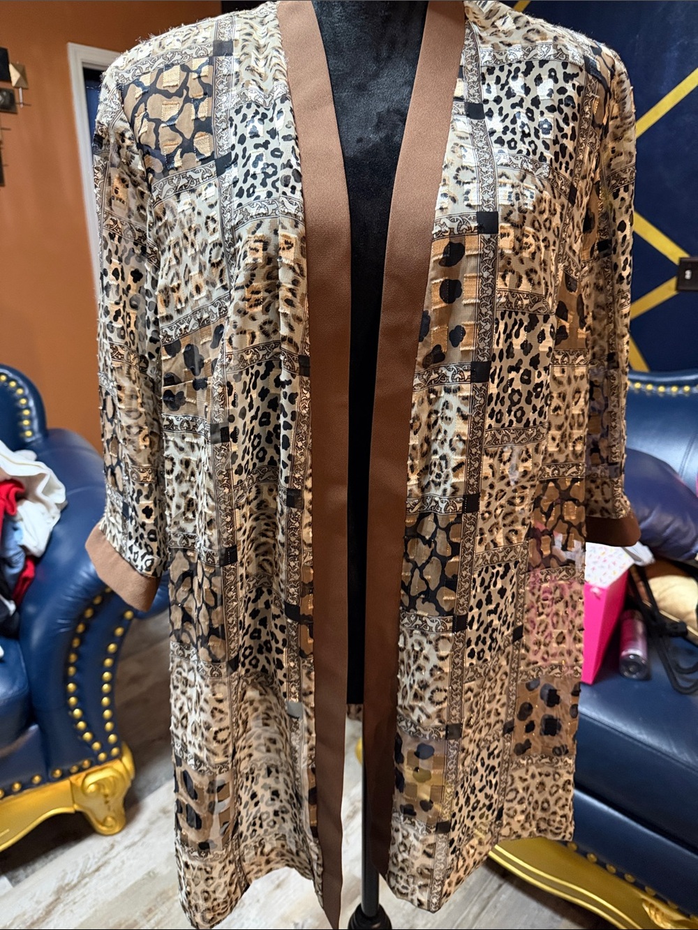 R&M Richards Tan and Black Animal Print Open Front Kimono 16wp